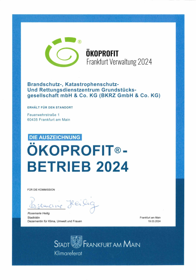 BKRZ - Urkunde Auszeichnung ÖKOPROFIT®-Betrieb 2024